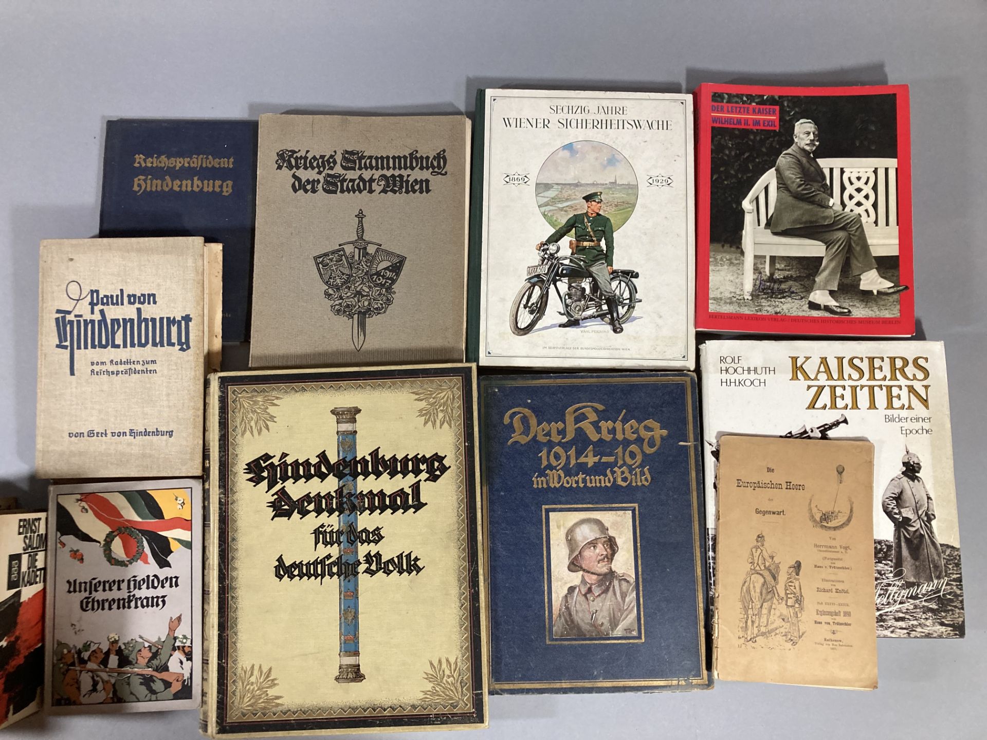 Armée Allemande. Lot de 14 livres en langue allemande sur la guerre 14-18, le Kaiser, Hindenburg