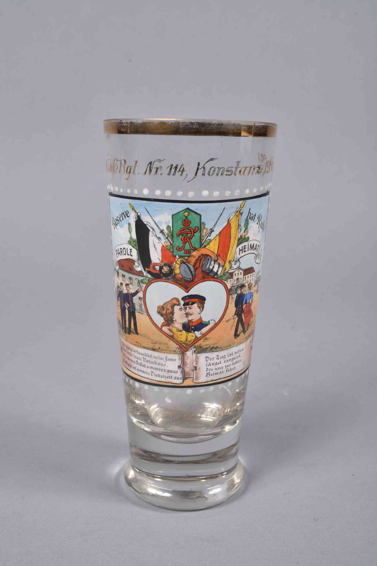 Verre patriotique allemand décoré avec nom du soldat du 114 ème régiment d'infanterie Badois. BE