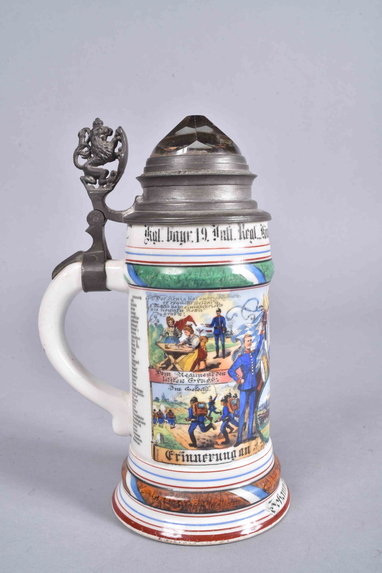 Bavière. Chope en porcelaine du 19 ème régiment d'infanterie bavarois. Couvercle en étain surmonté - Bild 3 aus 5