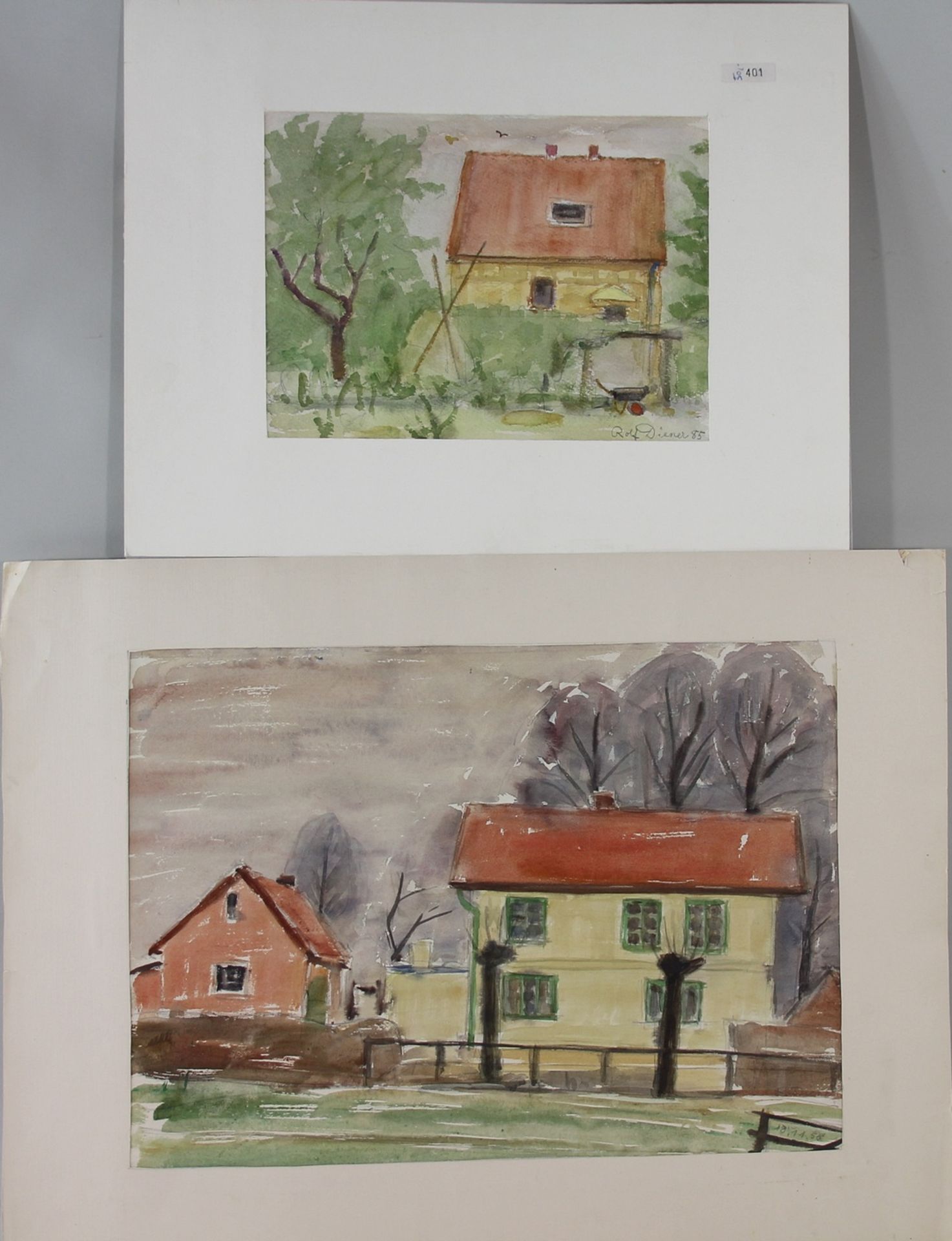 Rolf Diener (1906 - 1988) - 1P. Aquarelle/Papier, "Gelbe Häuser", 1955/1985 , kleines Haus (