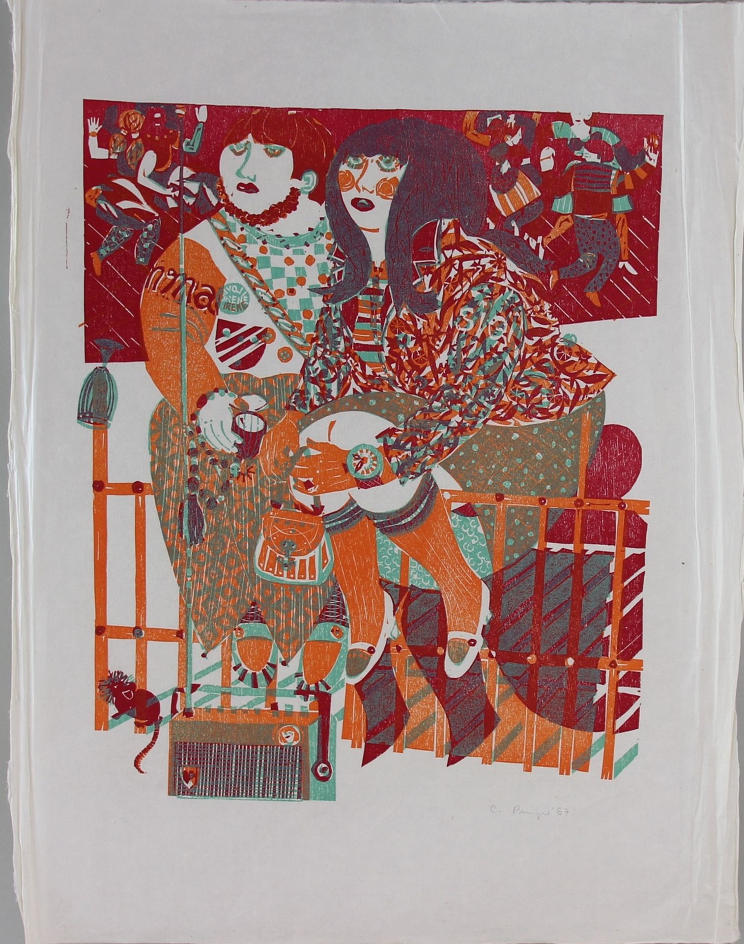 Caroline Pinger (1936 - ?) - Farbholzschnitt auf Papier, "Sigi und Emma", 1967 , unten rechts