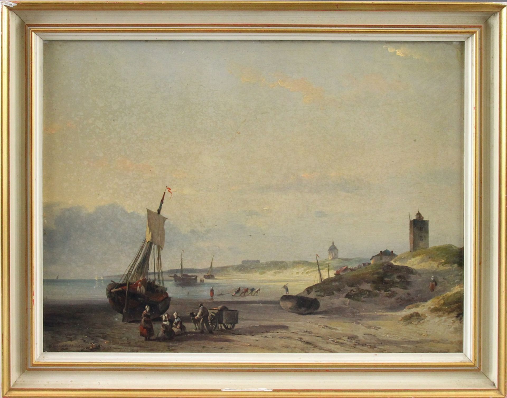 Désiré Donny (1798 - 1861) - ÖL/Platte, "Fischer ihre Netze einholend am Strand von Katwijk", (18)53