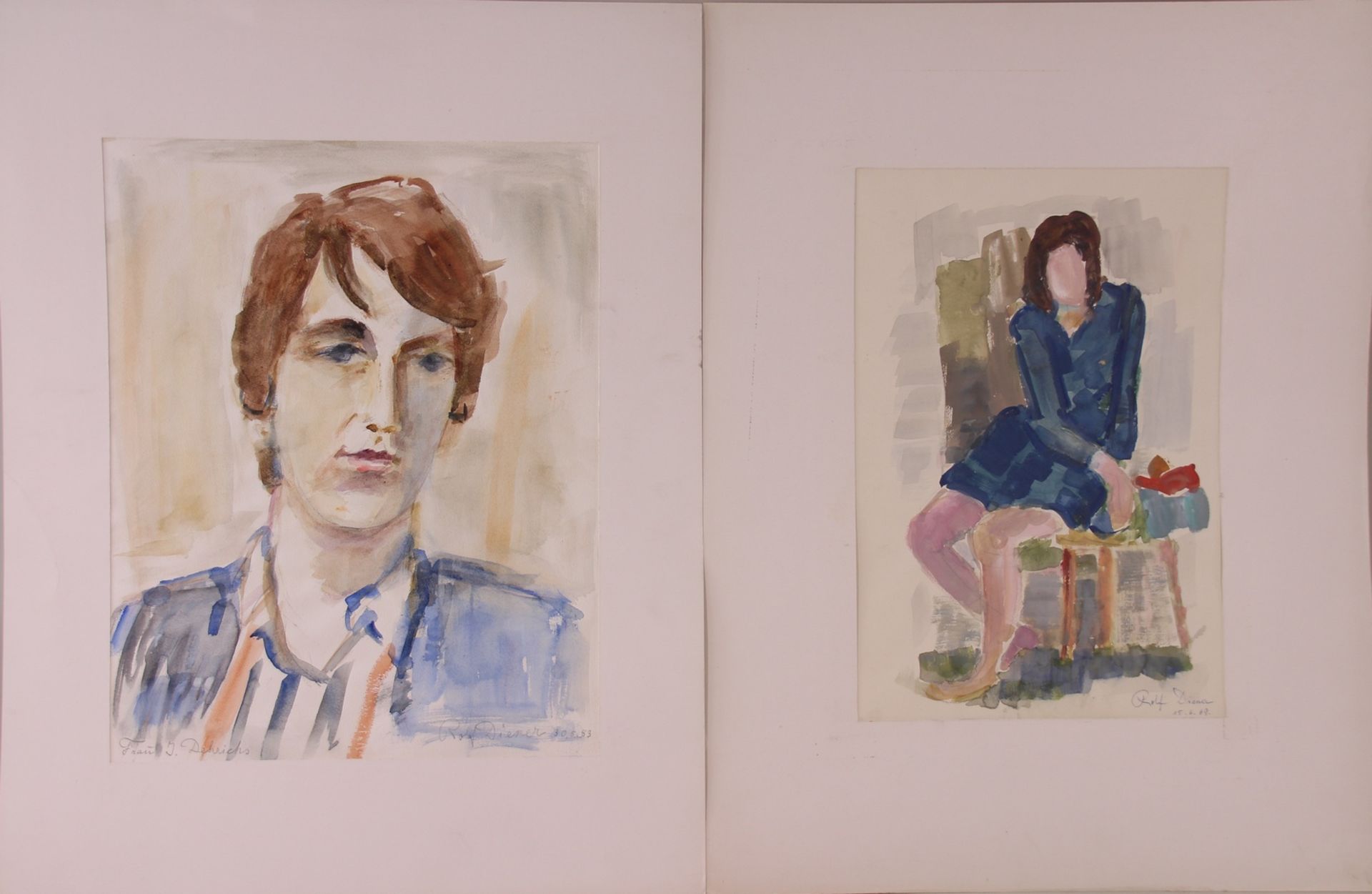 Rolf Diener (1906 - 1988) - 1P. Aquarelle/Papier, "Sitzende Dame, Junger Mann", 1969 , "sitzende