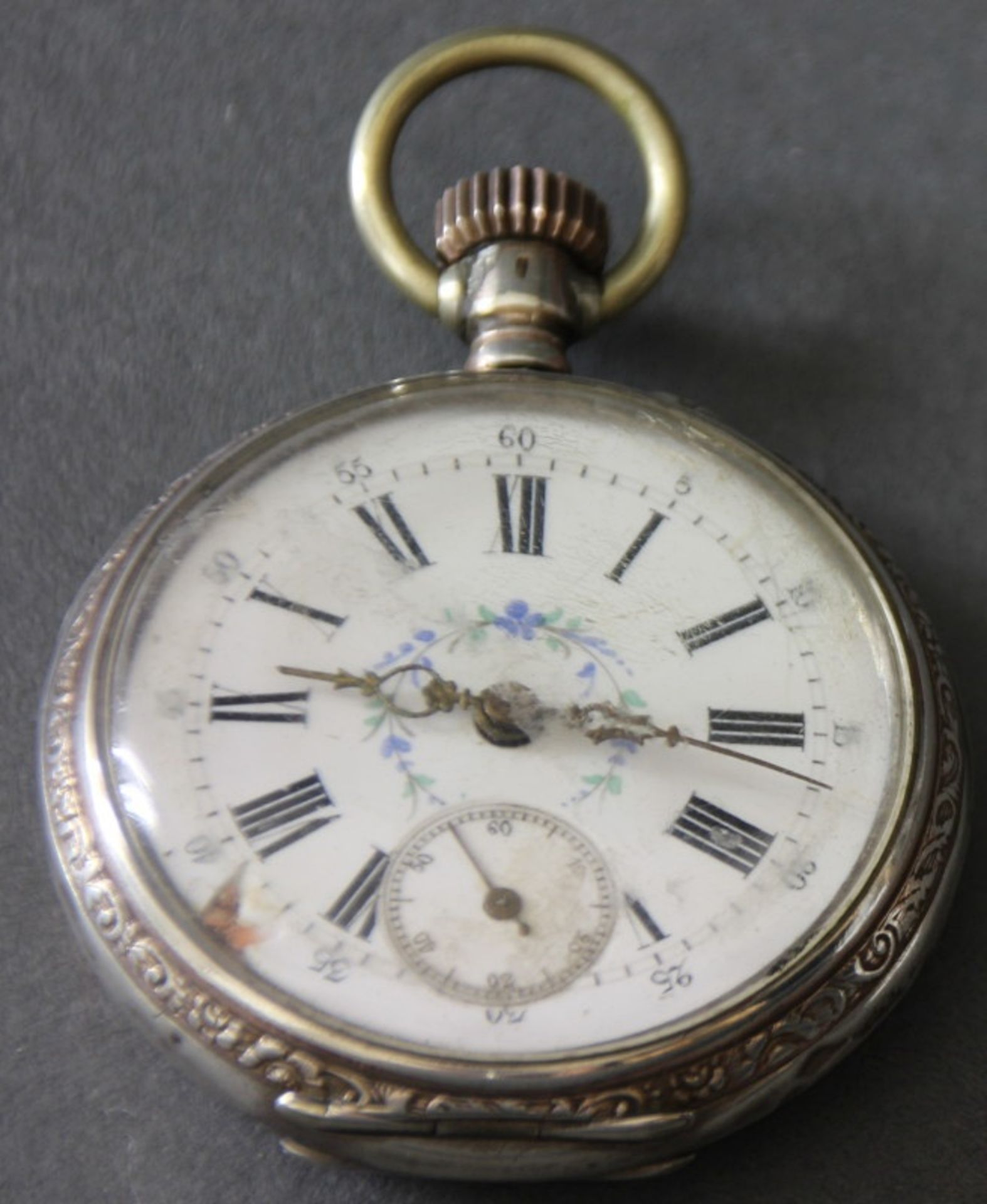 Herren-Taschenuhr, 800er Silber, um 1900, Ges.-Gew. ca.: 65gr. , gangbar, bemaltes Zifferblatt mit - Bild 2 aus 4