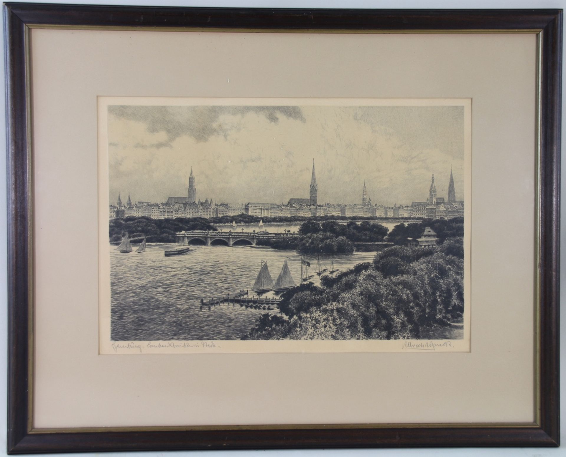 Albrecht Bruck (1874 - 1964) - Radierung/Papier, "Hamburg Lombardsbrücke und Park" , unten rechts