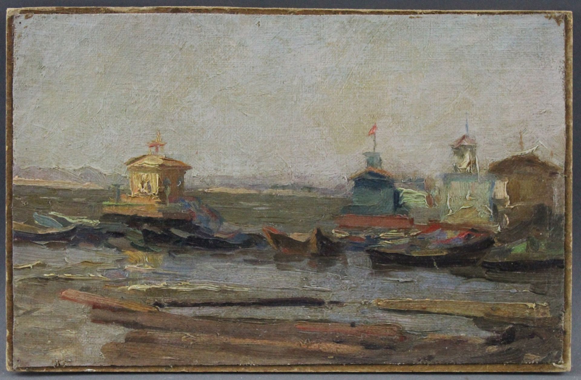 Alexej Dmitrijewitsch Panow (1923 - 2001) - ÖL/MK., "Bootshäuschen und Boote auf der Wolga",