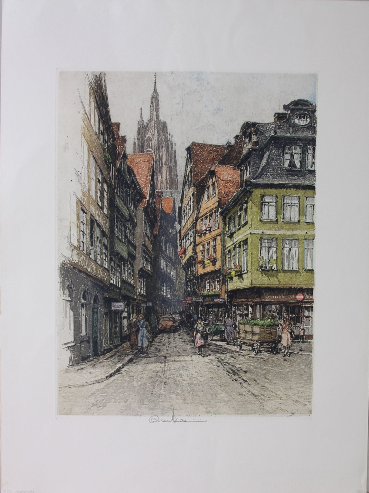 Raoul Kasimir (1881 - 1962) - Farbradierung/Bütten, "Alte Gasse in Frankfurt, mit Blick auf den Dom"