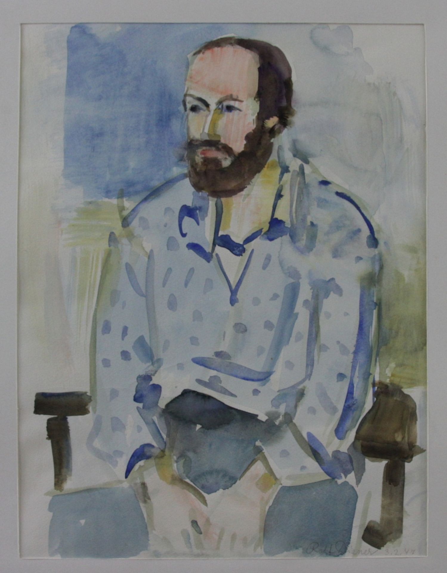 Rolf Diener (1906 – 1988) - Aquarell/Papier, "Bärtiger Mann im blauen Hemd auf Stuhl sitzend",