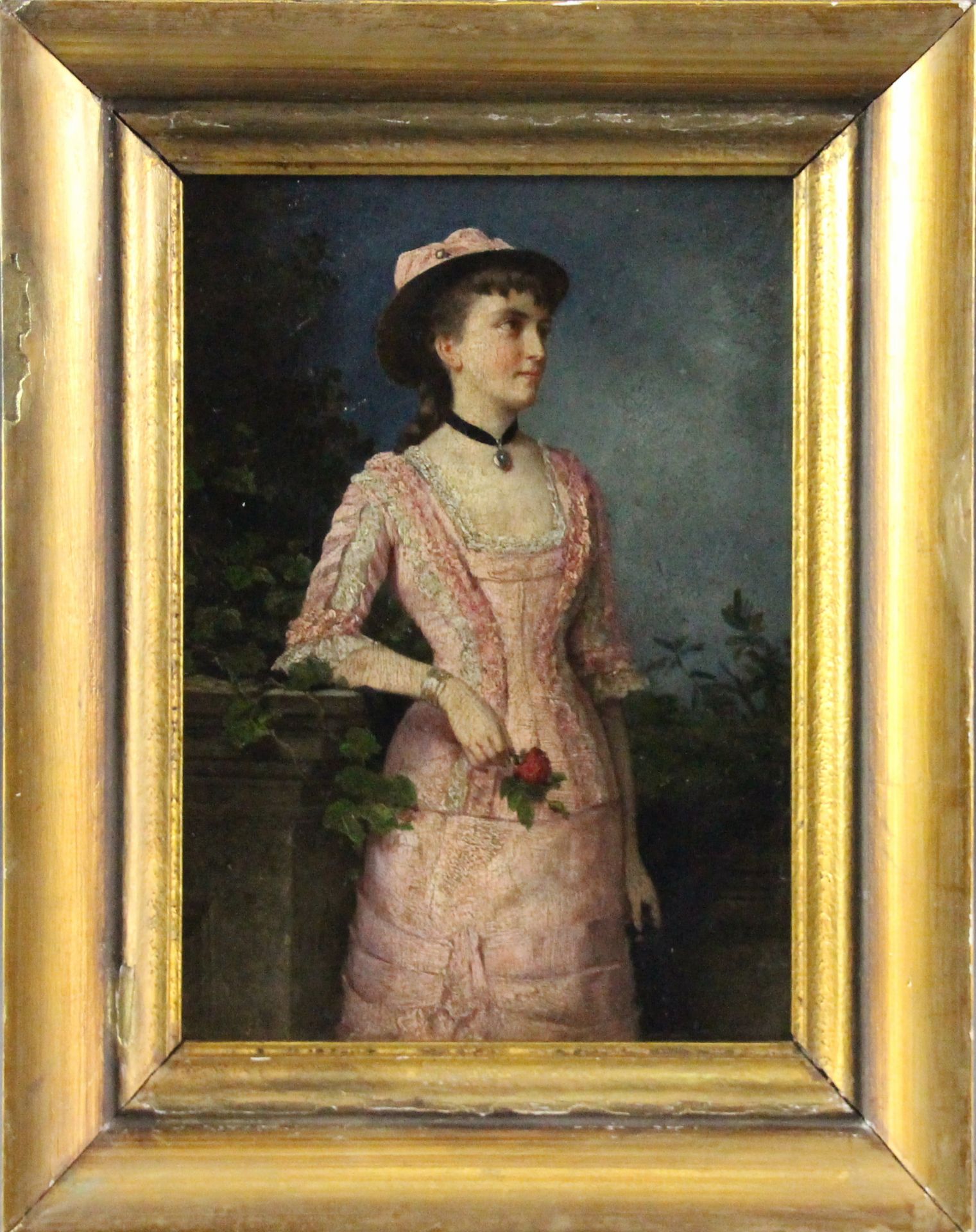 Bildnis Maler (19.Jhd.) - ÖL/Mahagoni Holzplatte, "Elegante junge Dame mit einer Rose" die junge - Bild 4 aus 4