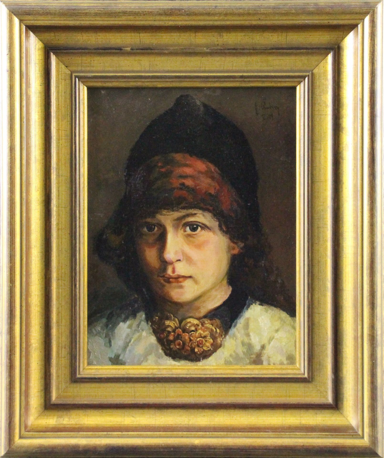 Portraitist (19./20.Jhd.) - ÖL/LW., "Mädchen mit Trachtenhaube und Halsschmuck", (19)19 oben rechts