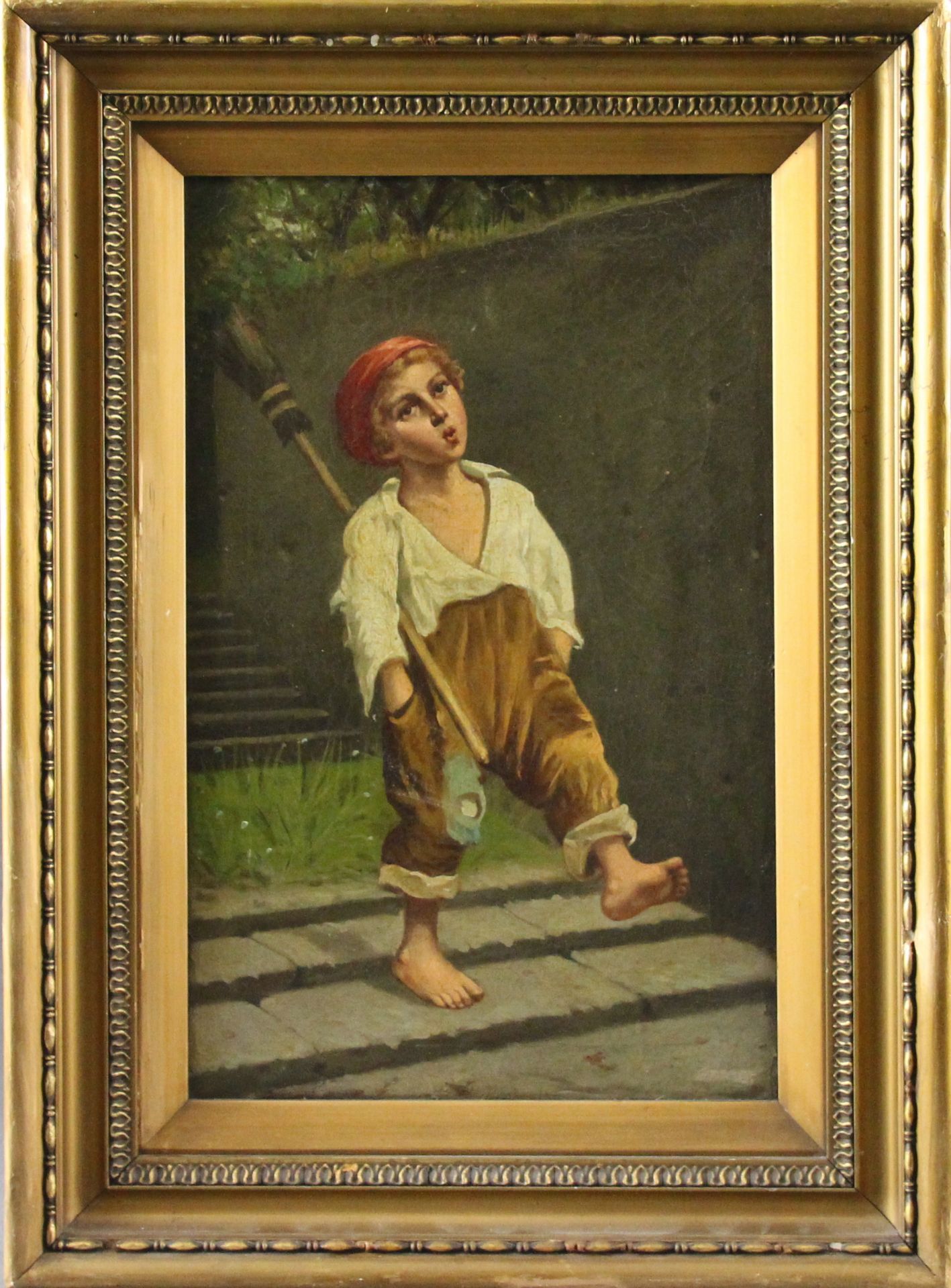 Englischer Maler (um 1900) - ÖL/LW., "Kleiner Strassenfeger" unsigniert, verso Aufkleber "F. - Bild 4 aus 8