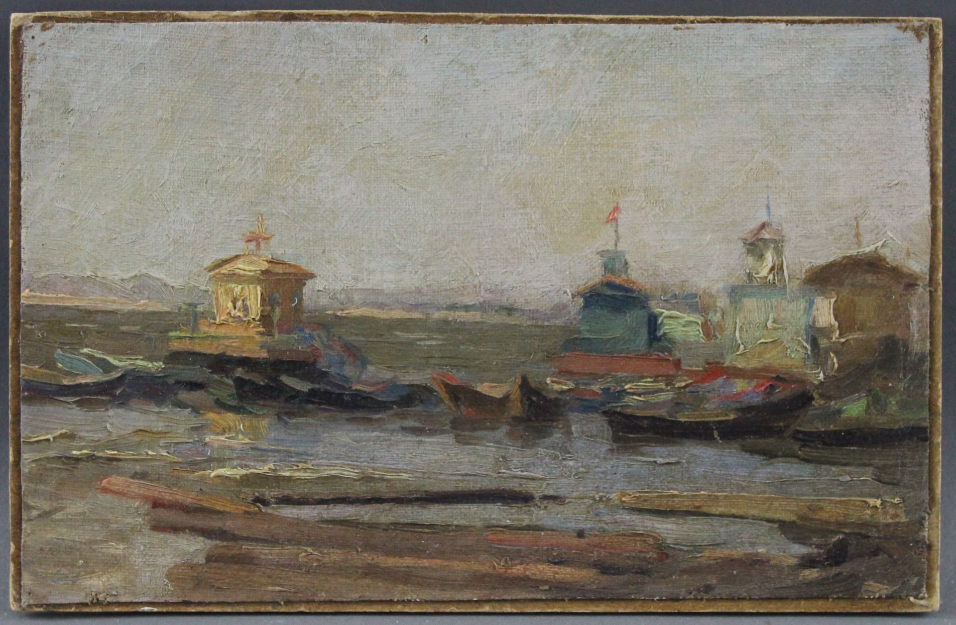 Alexej Dmitrijewitsch Panow (1923 - 2001) - ÖL/MK., "Bootshäuschen und Boote auf der Wolga", 1958