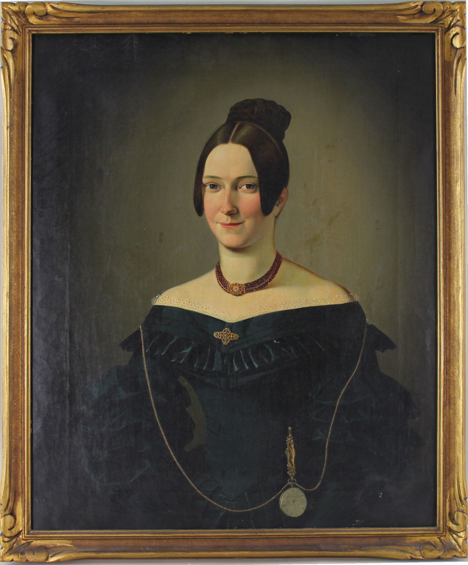 Valentin Wassner (1808 - 1880) - ÖL/LW., "Biedermeier Dame mit Granatschmuck und Taschenuhr",