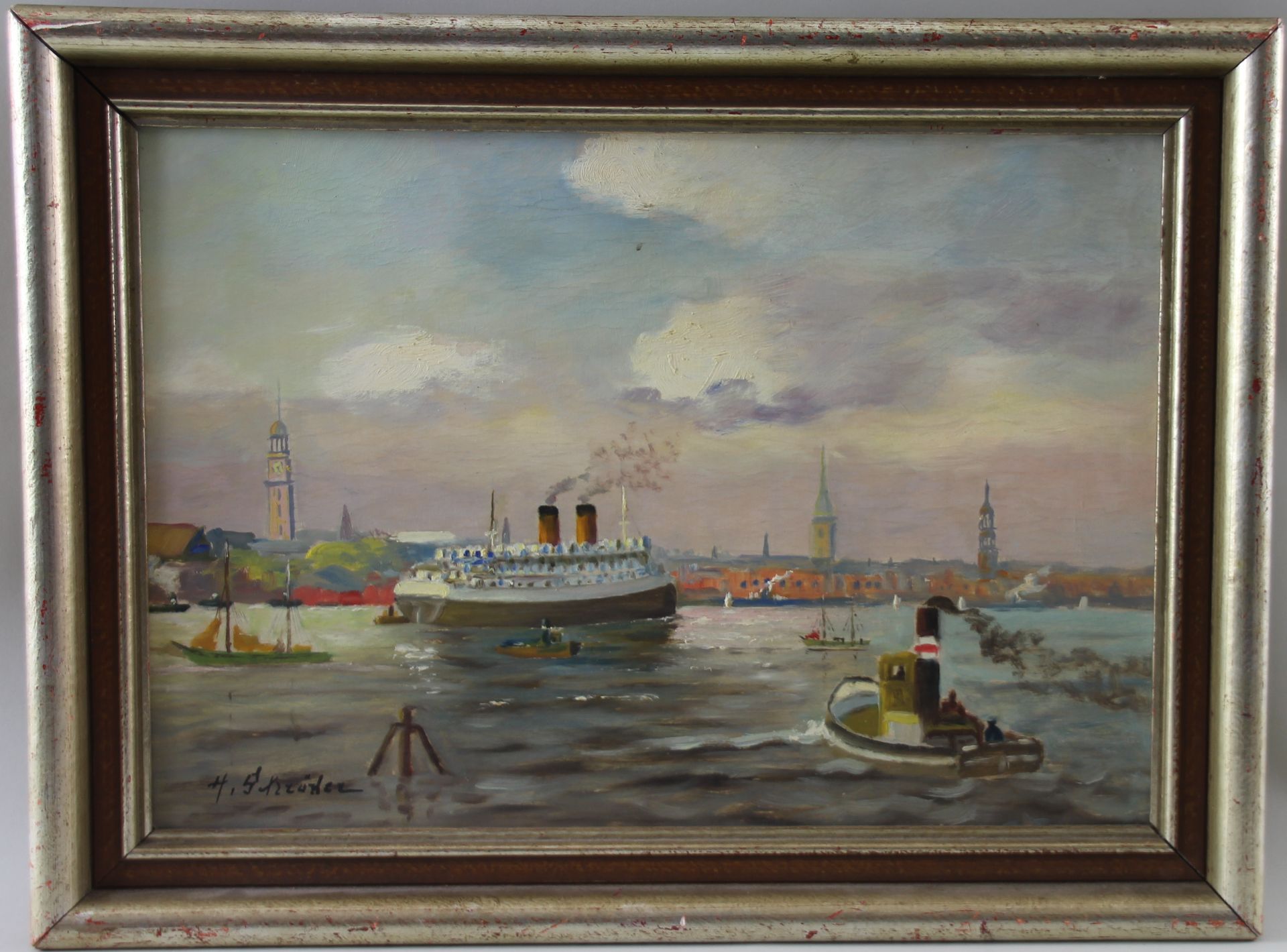 Maler (Mitte 20.Jhd.) - ÖL/MK., "Blick auf den Hamburger Hafen mit dem Michel" unten links