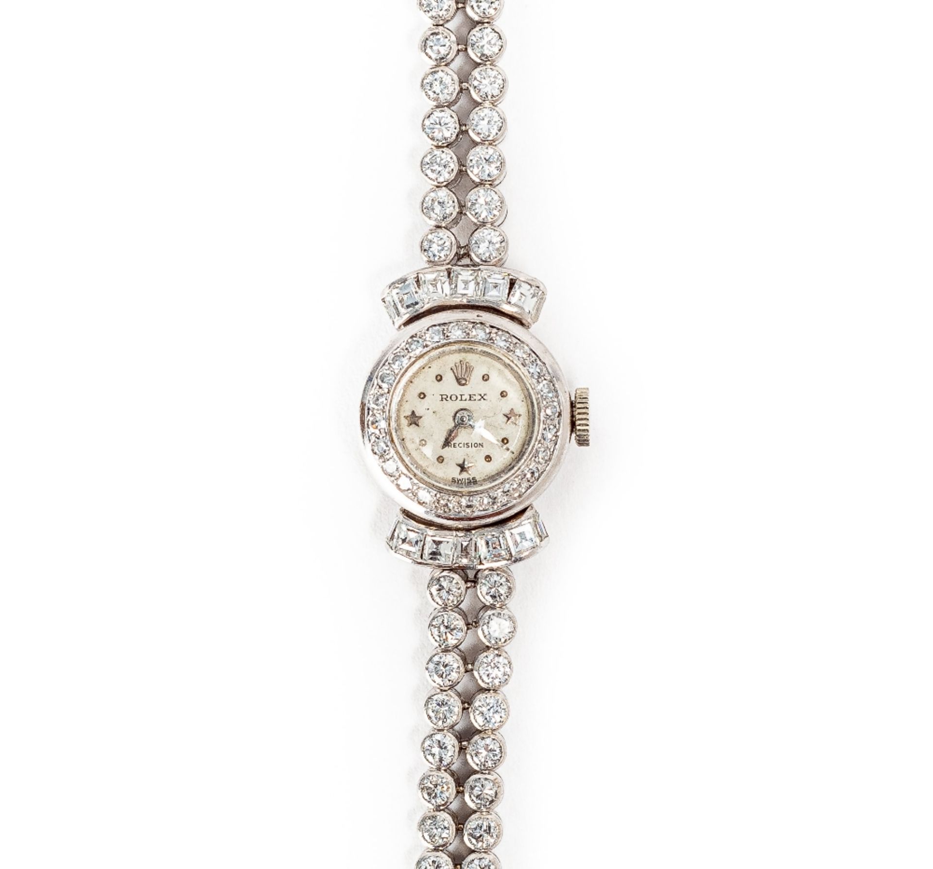 Rolex, reloj de pulsera para señora en platino con diamantes.