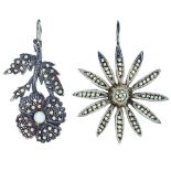 Lote de dos broches diseño floral en plata con perlas, marquesitas, símiles de rubí y diamantes, c.1