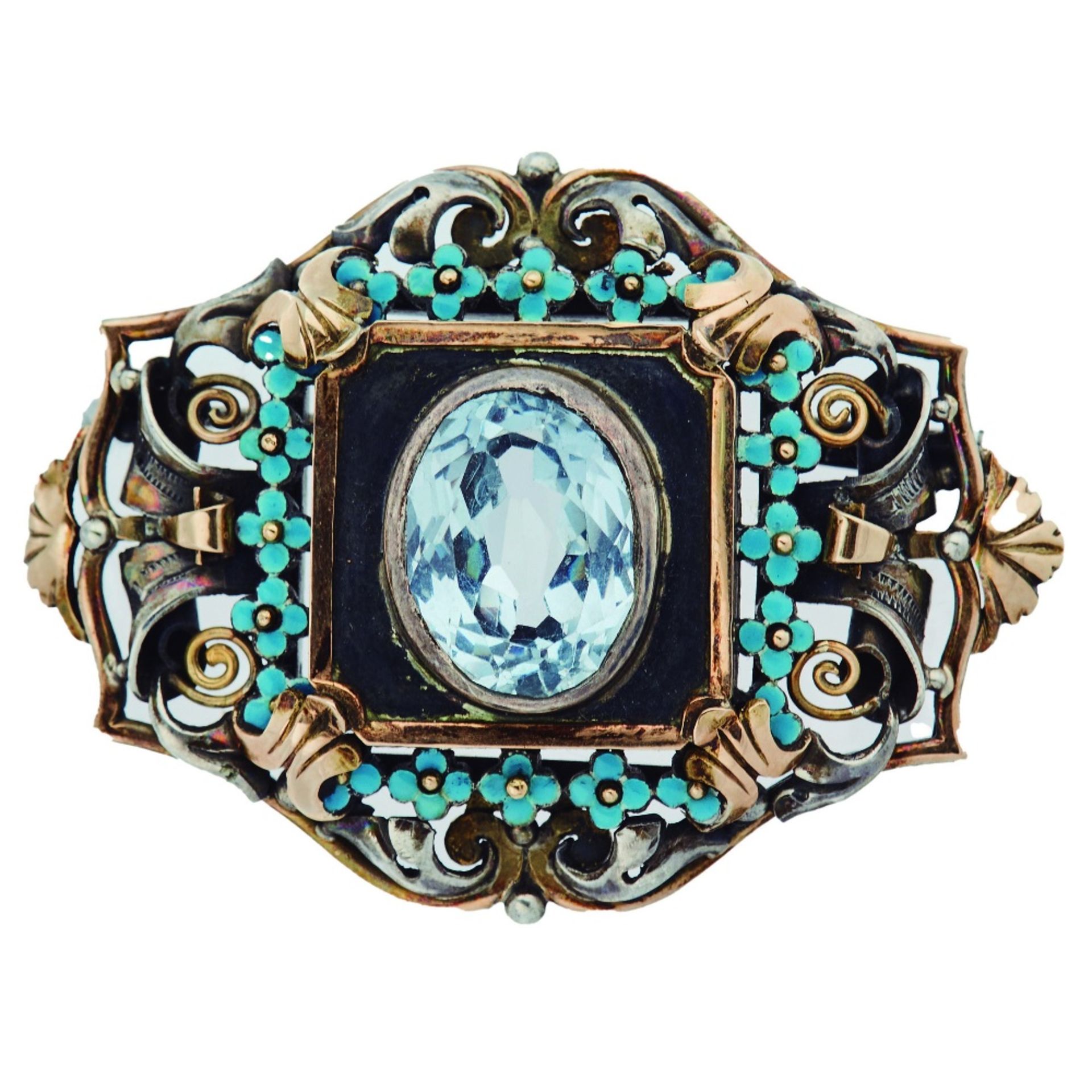 Broche en plata, plata dorada y oro, c.1940.
Plata, plata dorada y oro.