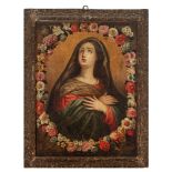 Escuela italiana, s.XVIII. Seguidor de Guido Reni. Virgen inserta en una orla de flores.