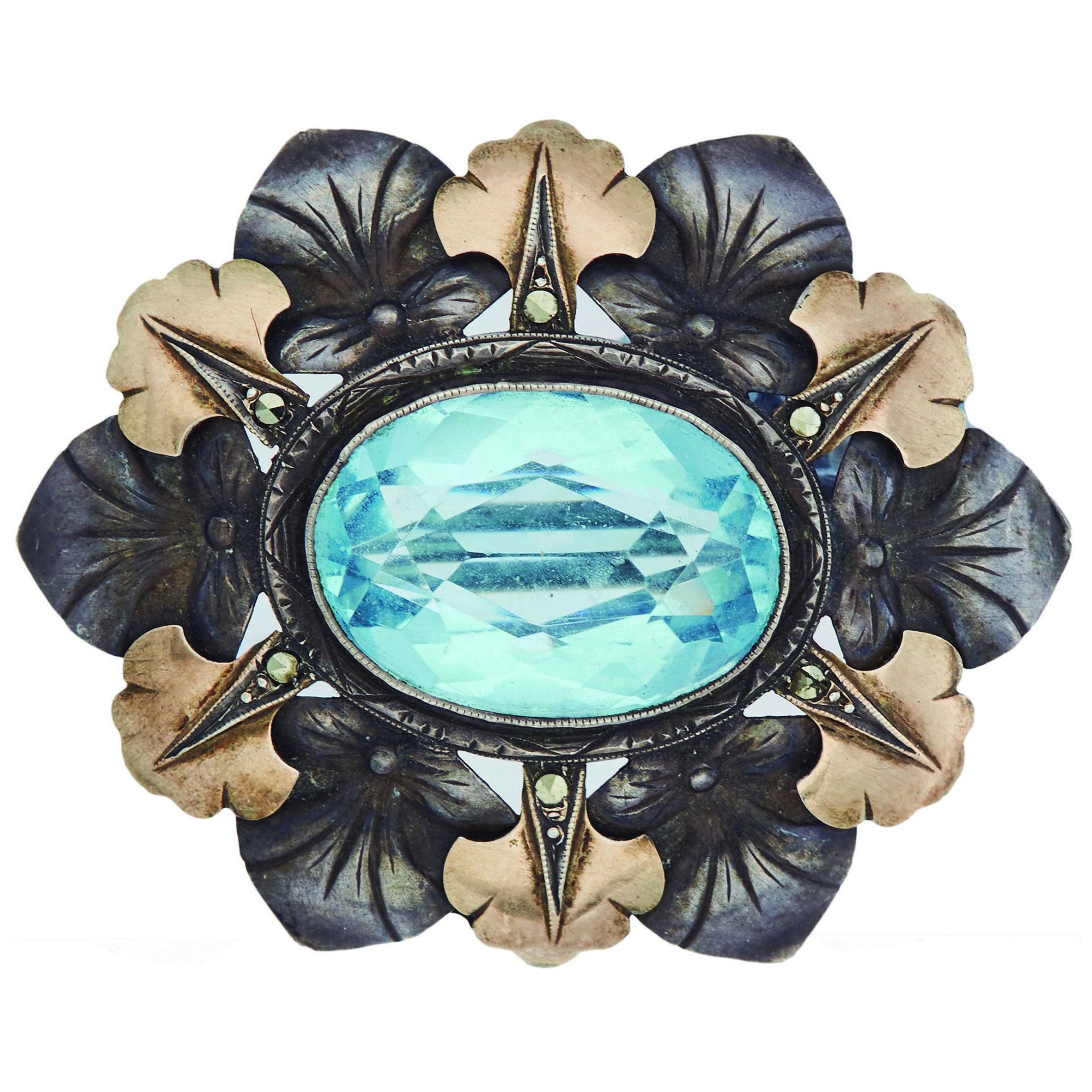 Lote de broche y pendientes en plata con símil de topacio azul, c.1940. - Bild 2 aus 3