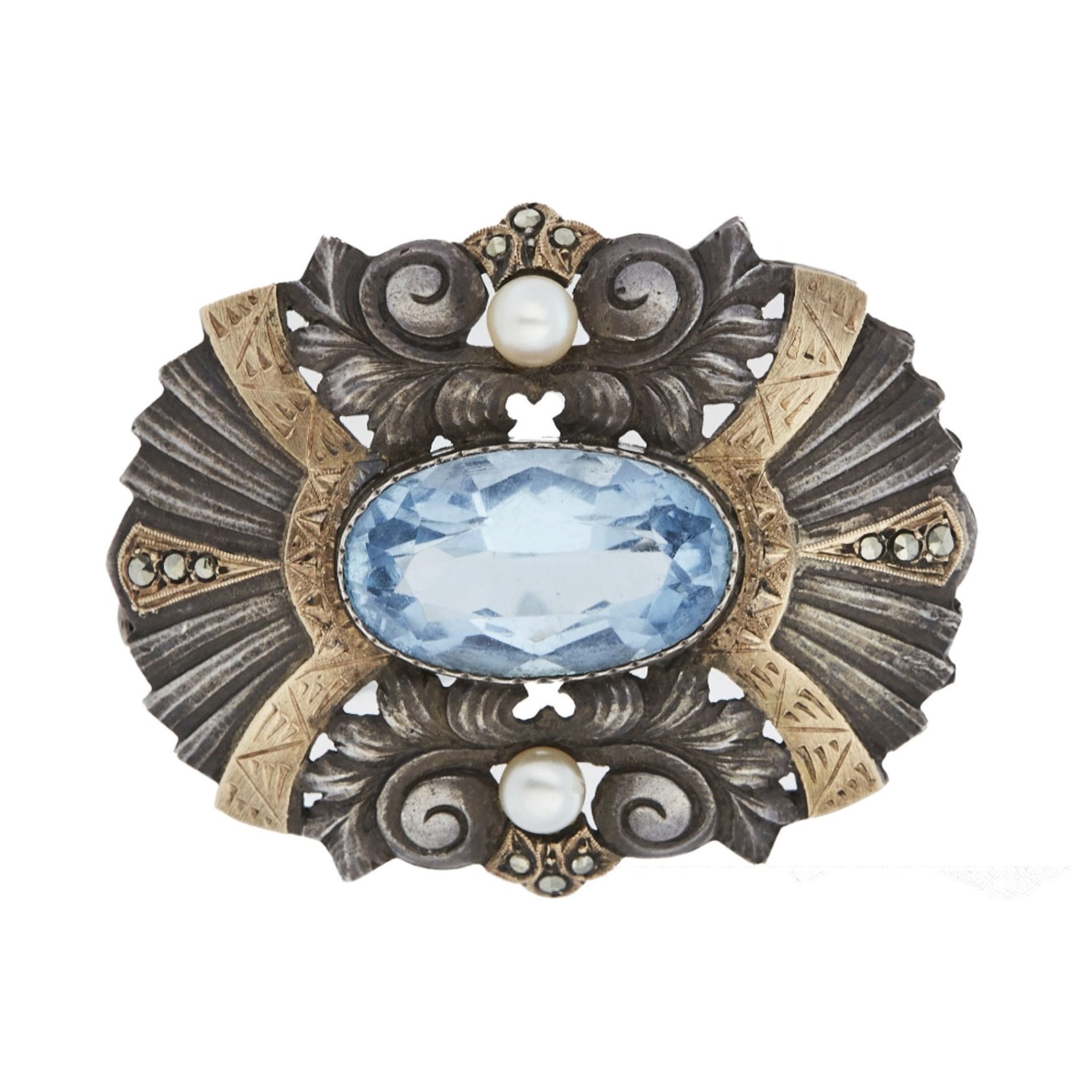 Lote de broche y pendientes en plata con símiles de topacio azul y aguamarina, c.1940. - Bild 2 aus 3