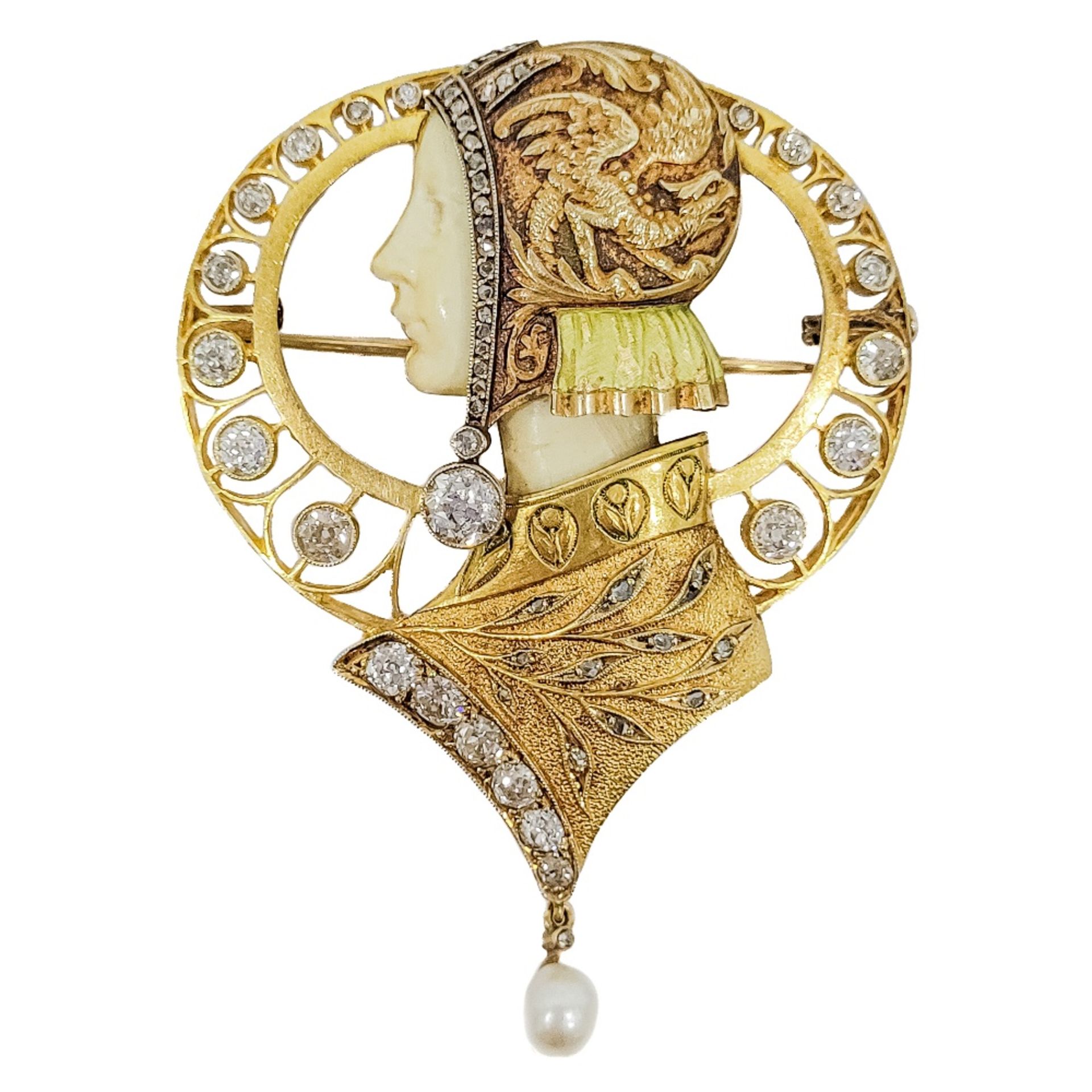 Broche-colgante Masriera Hermanos, c.1900. En oro y marfil con perla y diamantes.