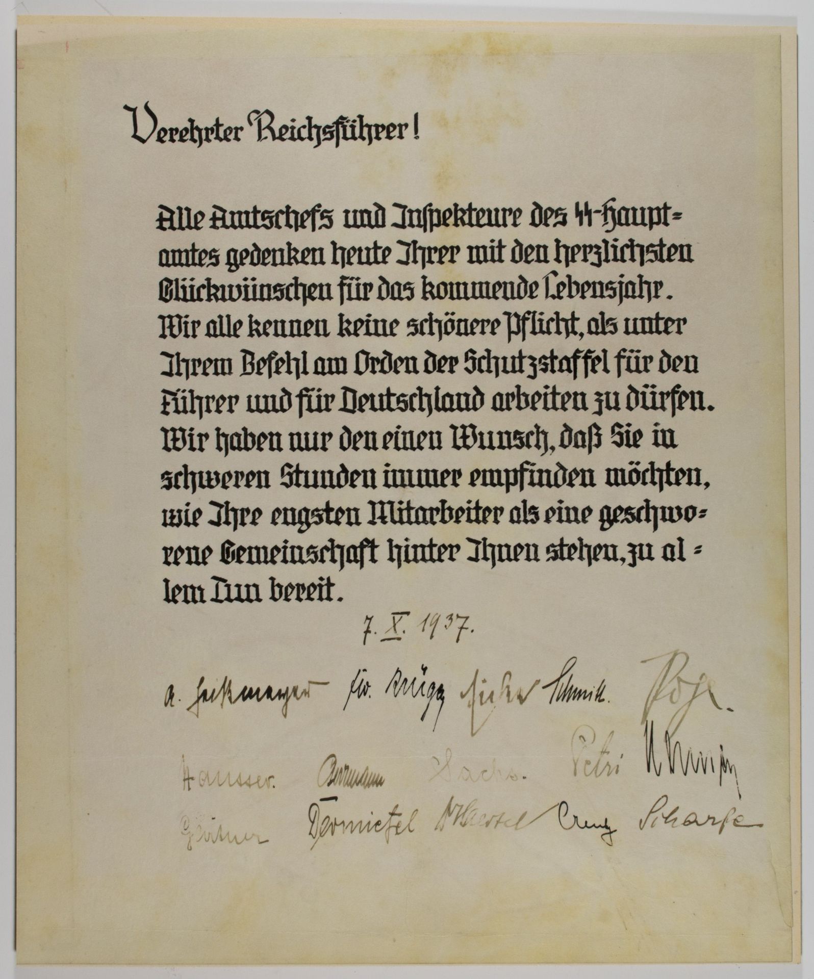 FIFTEEN SS GENERALS' SIGNED BIRTHDAY GREETING TO HEINRICH HIMMLER