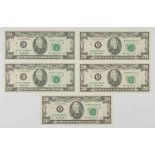 1993 POORLY-INKED $20.00 FEDERAL RESERVE NOTE GROUPING (5)