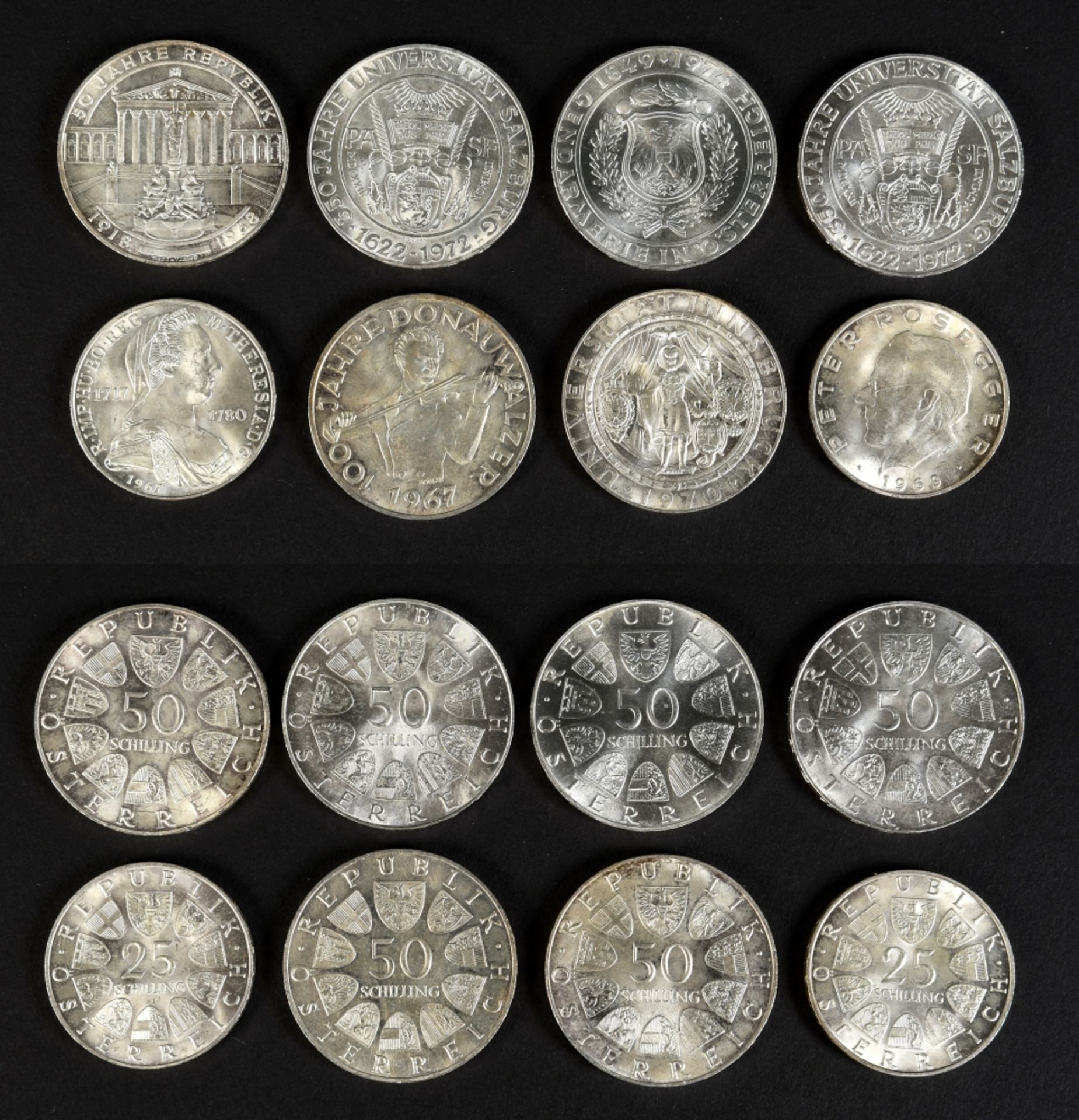 Münzen, 8 Stück - 25 und 50 Schilling