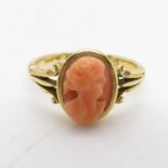 Antique 18ct hand carved coral cameo ring Chester HM size N 3.2g