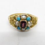 15ct vintage garnet turquoise and pearl ring 1.8g size M