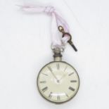 Old verge movement silver pocket watch 50mm dial with key - runs