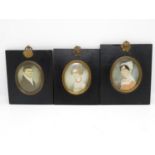 3x antique wooden picture frames with hand painted portraits and gold plated detail