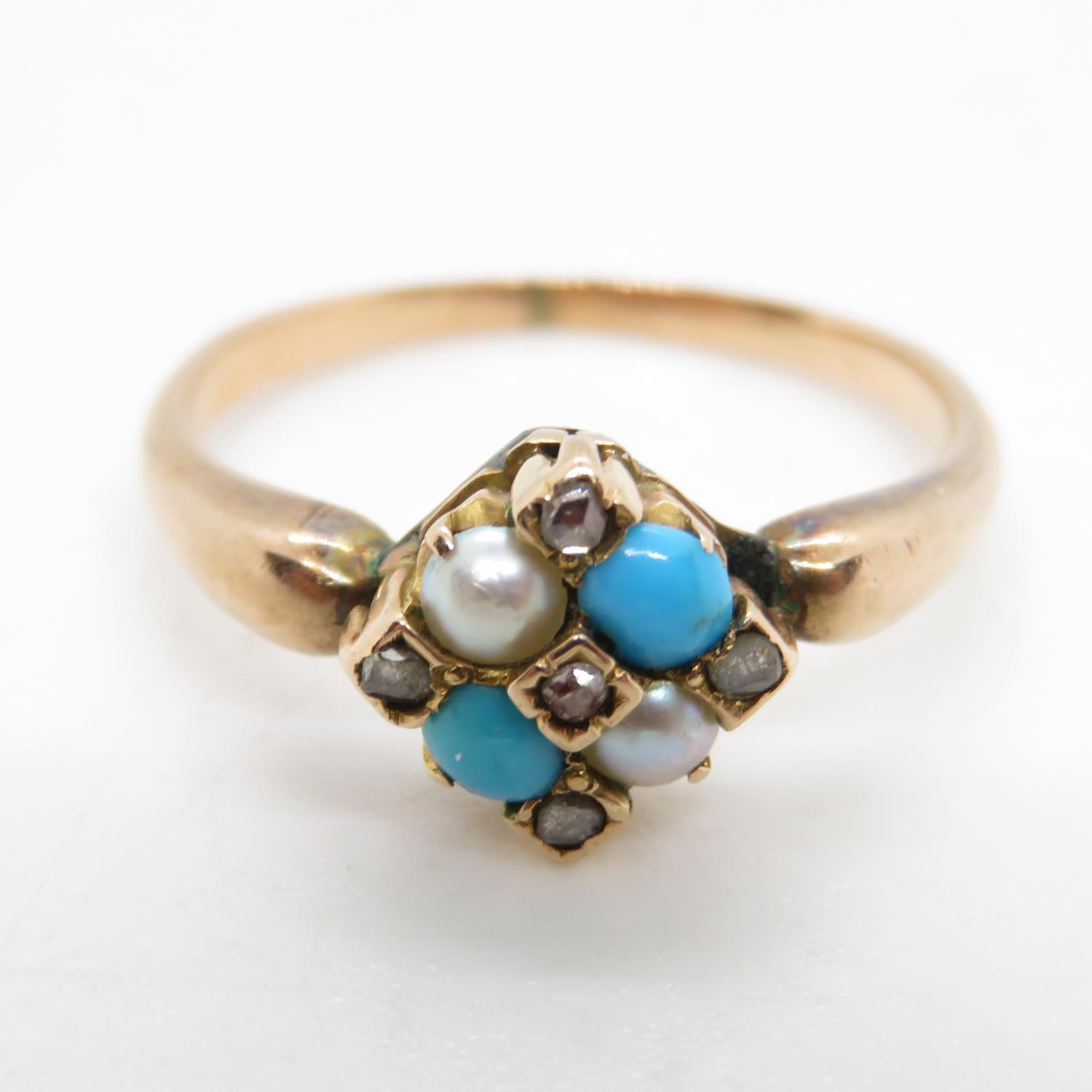 14ct antique turquoise diamond and pearl ring size L 2.3g