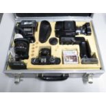 Flight case and Mamiya 645 camera with lenses hot shoe and Ricoh XR7 camera