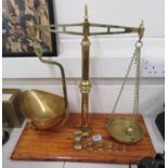 Large set of scales in bronze with wooden base 21" high