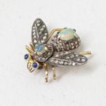 Gold, silver, diamond, opal and sapphire articulated bumble bee with brooch pin and hooks for pendan