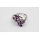 9ct white gold amethyst & diamond overlapping floral setting dress ring (2.3g) Size K