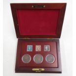 Set of 3x Victorian coins with 3x Victorian postage stamps, Penny Blue, Penny Red and Penny Black in