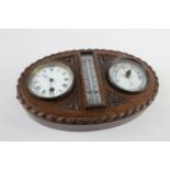 Antique oak cased wall clock barometer hand wind - clock working - circular white enamel dials with