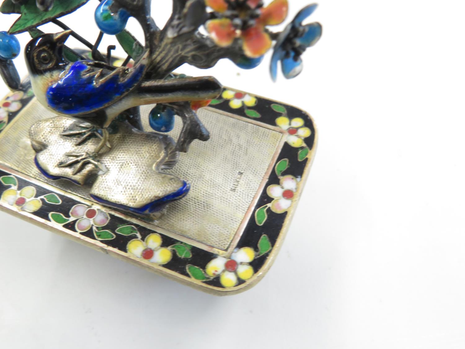 4" high x 3" wide silver cloissone enamelled bowl with bonsai tree and enamelled flowers with 2x sil - Image 3 of 4