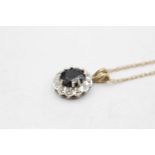 9ct gold vintage sapphire & diamond halo pendant necklace (2.7g)