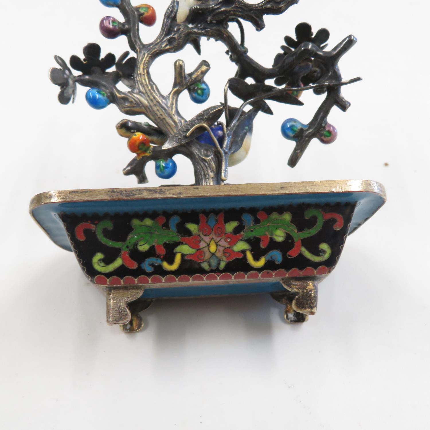 4" high x 3" wide silver cloissone enamelled bowl with bonsai tree and enamelled flowers with 2x sil - Image 4 of 4