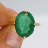 Green stone carved Intaglio ring possibly Roman stone with 18ct shank 2.3g size J