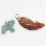 2x gold bale Chinese pendants, elephant (3cm) and fish (5cm)