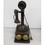 Stick phone with wooden wall box and bells