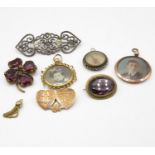 Bag of antique jewellery and rolled gold compass and sweethearts