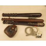 Collection of 3x Police truncheons, 2x handcuffs and Police whistle