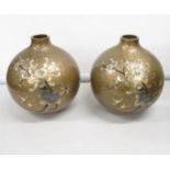 Pair of Japanese metal vases onion shaped 7" high - gold work to front