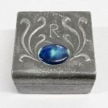 Pewter and enamel art deco Arts and Crafts style 4" x 4" box with Ruskin ceramic oval tile