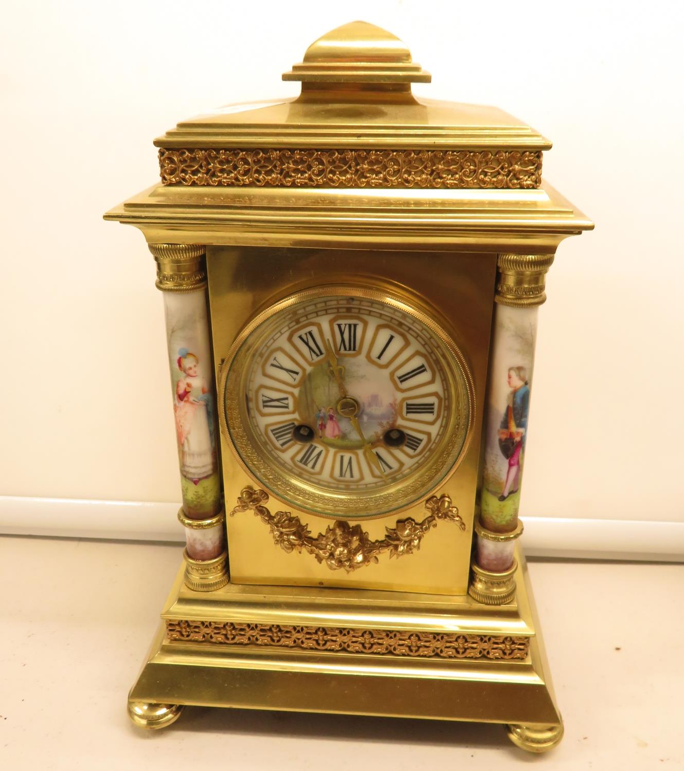 Fully working gilded with ceramic pillars clock beautiful ceramic dial hand painted 11" high